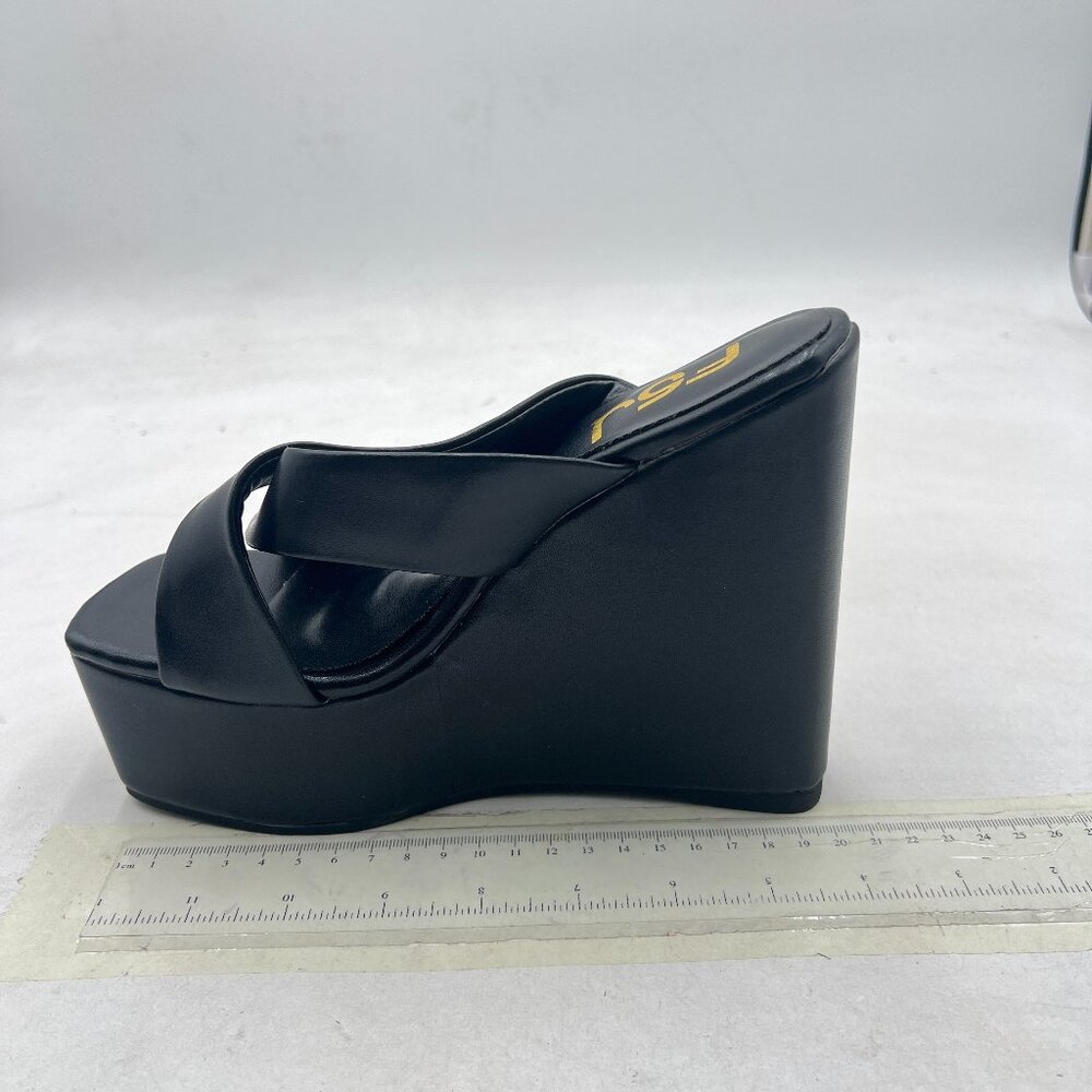 FSJ Black Platform High Heel Wedge Peep Toe Slip On Mules Cross Wide Band Sandal - Picture 2 of 8